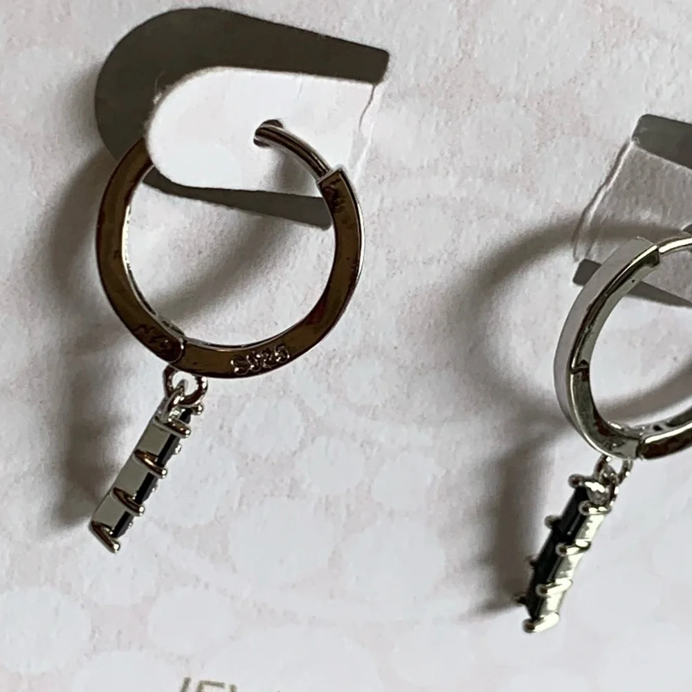 Silver Black Crystal Dangle Hoop Earrings